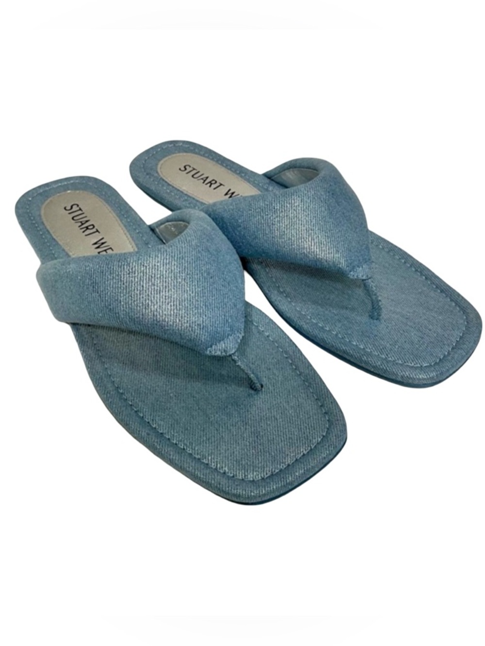 STUART WEITZMAN Light Blue Denim Thong Sandals Square Toe Slide Flat 8.5